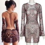 Women's Party Mini Dress Long Sleeve Sexy Open Back Leopard Sheath Dress