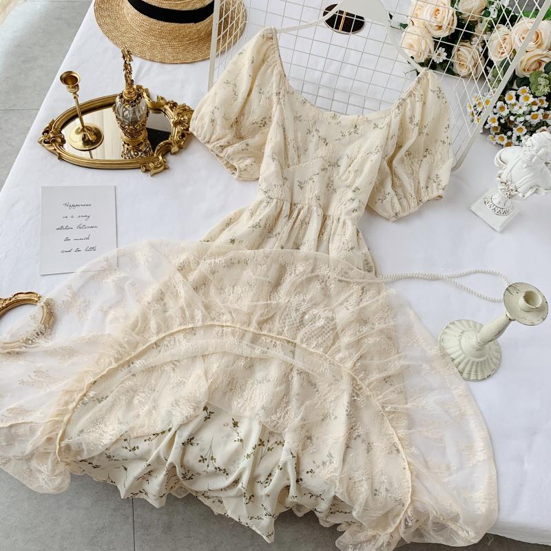 Floral Tea Dress Short Puff Sleeve Vintage Bodycon Lace Mesh Ruffle