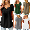 Women's Casual Short Sleeve Long Loose T-Shirts Buttons Pleated Tunic V-Neck Loose Tops