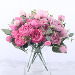 Artificial Flowers Rose Bouquet 5 Heads and 4 Buds Faux Flowers for Home Wedding