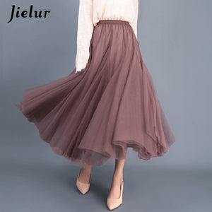 French Mesh Asymmetrical Skirt Tulle Dress High Waist Pleated Elegant Loose Skirt