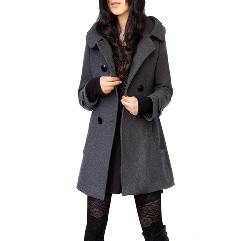 Hooded Wool Coat Women Chic Warm Winter Casual Elegant Outerwear Fashion Jacket