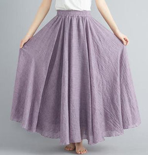 Women's Cotton Linen Long Skirt Elastic High Waist Double Layer Skirt