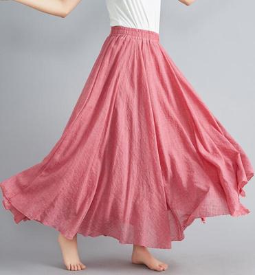 Women's Cotton Linen Long Skirt Elastic High Waist Double Layer Skirt