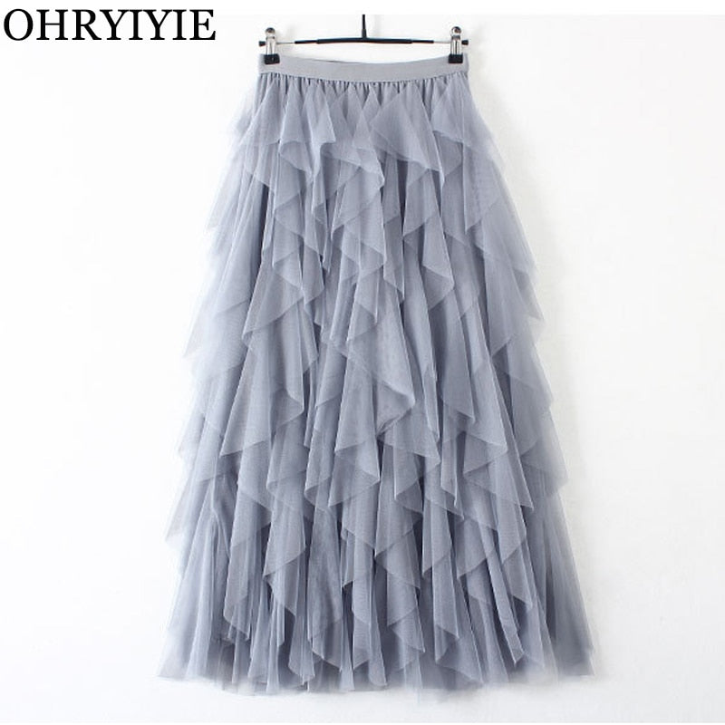 Women's Spring Summer Ruffled Tulle Skirt Elegant Tutu Midi Skirt