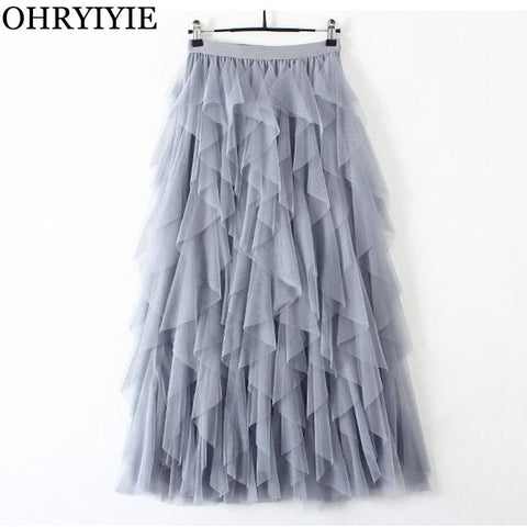 Ruffle Tulle Midi Skirt Women Elegant Tutu Pleated Casual Spring Summer Party Fashion Skirt