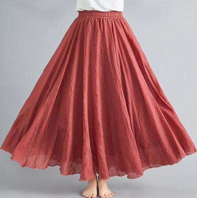 Women's Cotton Linen Long Skirt Elastic High Waist Double Layer Skirt