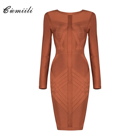 Long Sleeve Bandage Bodycon Mini Dress Women O-Neck Back Zip Elegant Party Fashion Dress