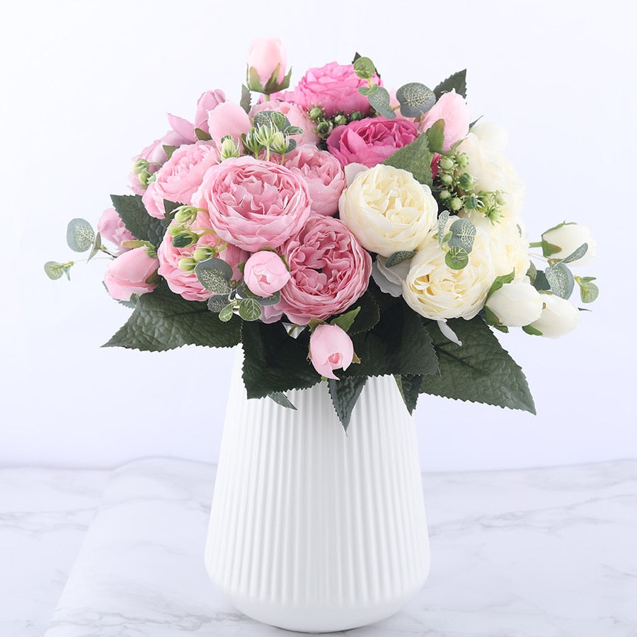 Artificial Flowers Rose Bouquet 5 Heads and 4 Buds Faux Flowers for Home Wedding