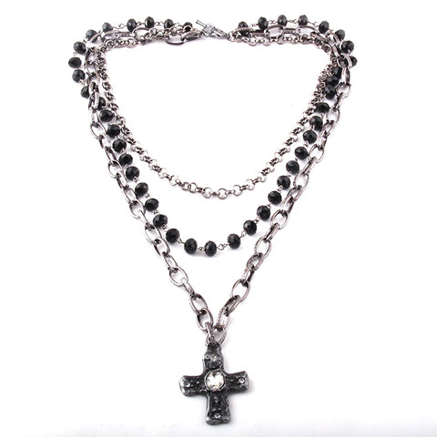 Black Glass Rosary Cross Pendant Necklace Chain Link Elegant Fashion Jewelry Gift
