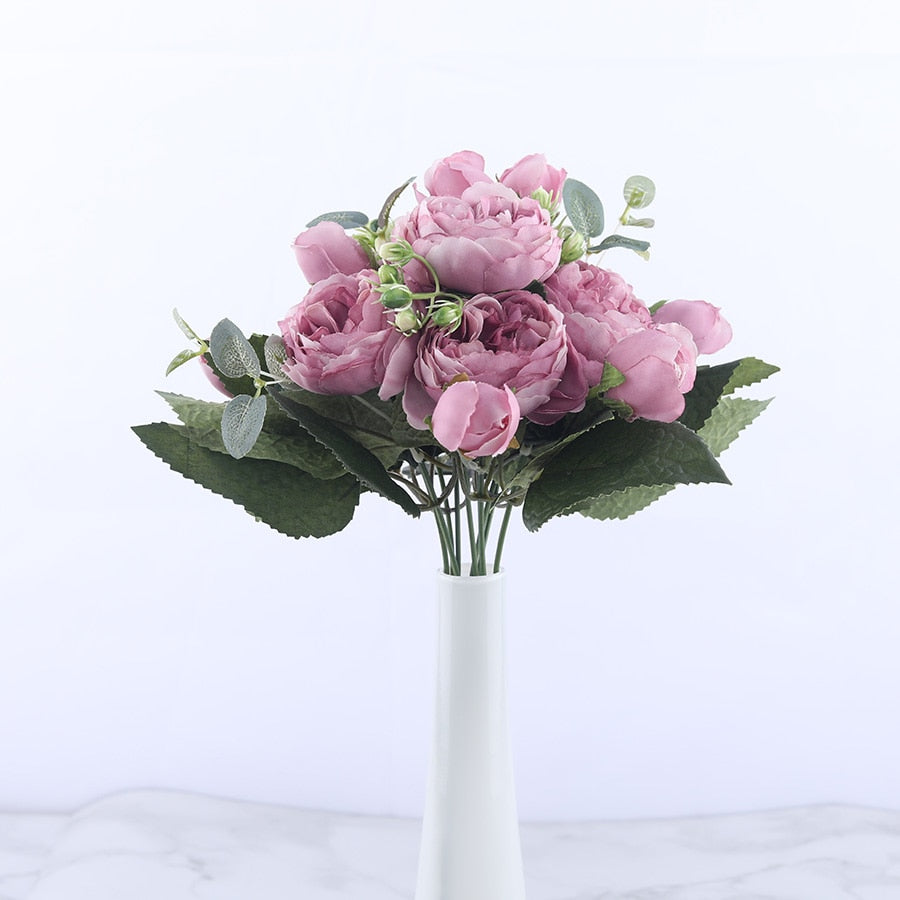 Artificial Flowers Rose Bouquet 5 Heads and 4 Buds Faux Flowers for Home Wedding