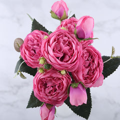 Artificial Flowers Rose Bouquet 5 Heads and 4 Buds Faux Flowers for Home Wedding