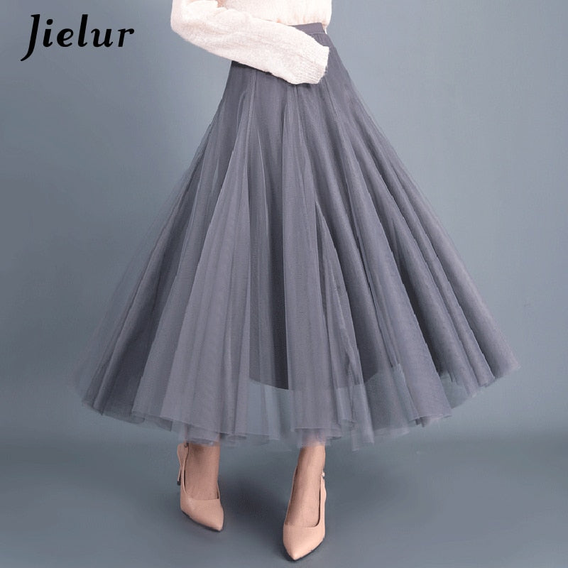 French Mesh Asymmetrical Skirt Tulle Dress High Waist Pleated Elegant Loose Skirt