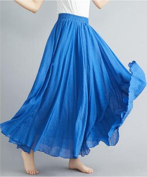 Women's Cotton Linen Long Skirt Elastic High Waist Double Layer Skirt