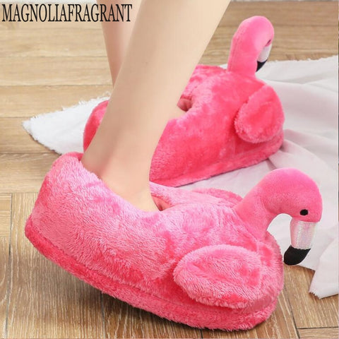 Pink Flamingo Plush Slippers Women Winter Soft Cute Casual Home Indoor Fashion Shoes