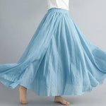 Women's Cotton Linen Long Skirt Elastic High Waist Double Layer Skirt