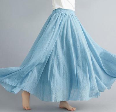 High Waist Cotton Linen Maxi Skirt Women Elastic Double Layer Casual Comfortable Summer Fashion