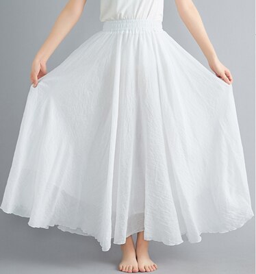 Women's Cotton Linen Long Skirt Elastic High Waist Double Layer Skirt