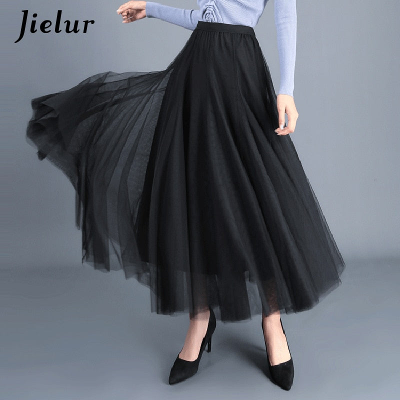 French Mesh Asymmetrical Skirt Tulle Dress High Waist Pleated Elegant Loose Skirt