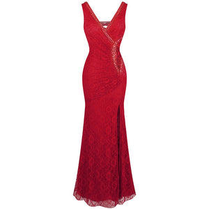 V-Neck Through Lace Evening Dress