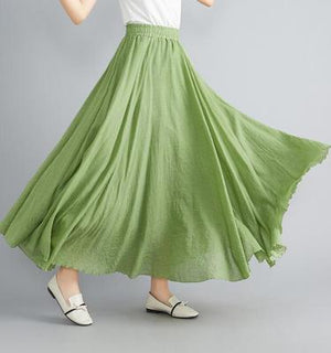 Women's Cotton Linen Long Skirt Elastic High Waist Double Layer Skirt