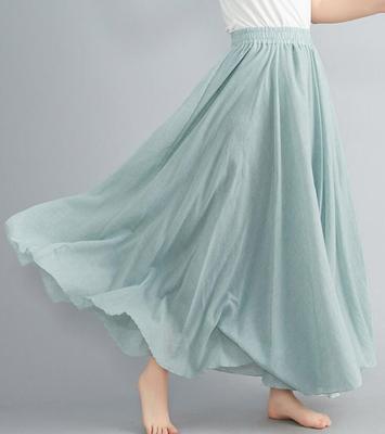 Women's Cotton Linen Long Skirt Elastic High Waist Double Layer Skirt