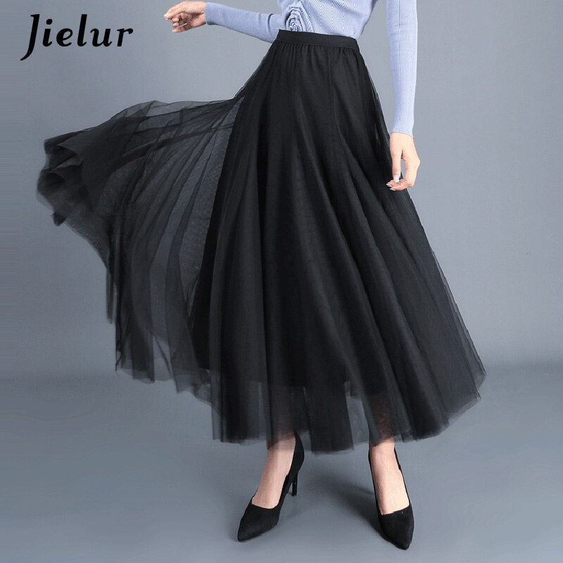 High Waist Asymmetric Tulle Midi Skirt Women French Mesh Pleated Elegant Loose Fashion