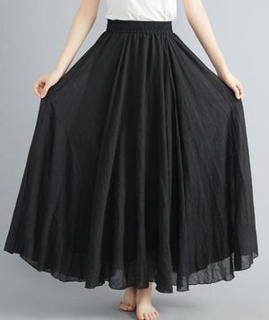 Women's Cotton Linen Long Skirt Elastic High Waist Double Layer Skirt