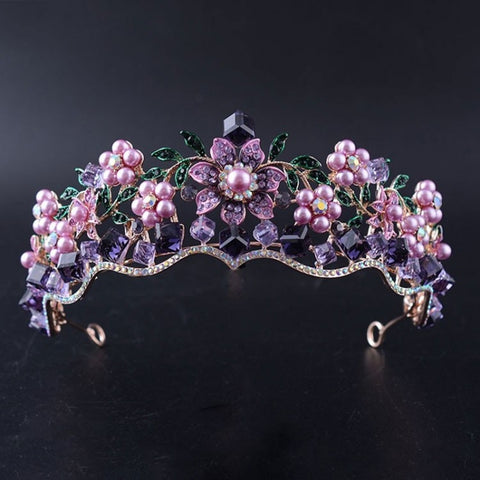 Baroque Purple Crystal Pearl Bridal Crown Tiara Women Luxury Elegant Wedding Fashion Gift
