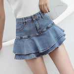 Denim Short Ruffle Skirt With Inner Jean Shorts High Waist For Teens