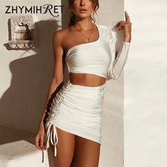 One Shoulder Single Long Sleeve Sexy Dress Ruched Waist Hollow Out Mini Dresses for Women Clubwear Party Chic Dress