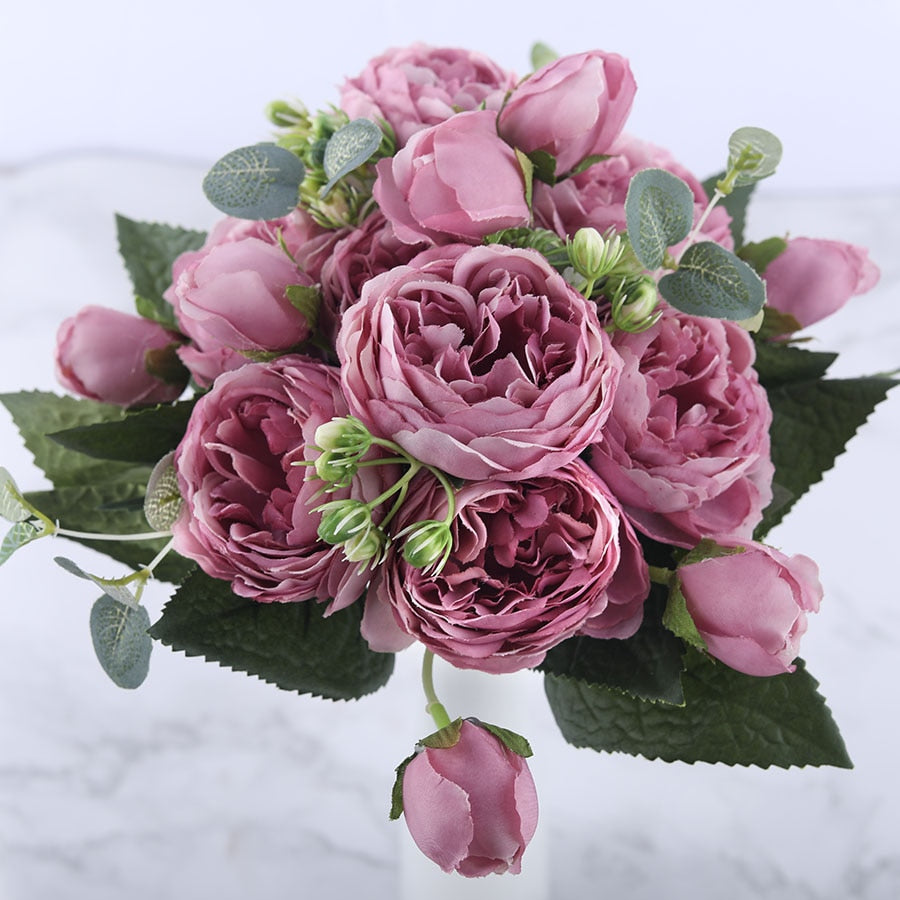 Artificial Flowers Rose Bouquet 5 Heads and 4 Buds Faux Flowers for Home Wedding