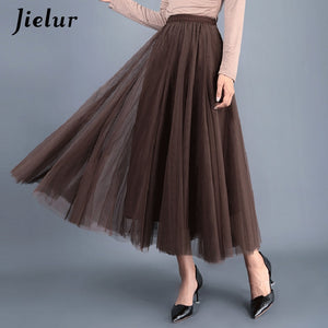 French Mesh Asymmetrical Skirt Tulle Dress High Waist Pleated Elegant Loose Skirt