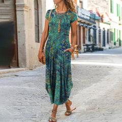 Women's Summer Floral Print Bohemian Dress Short Sleeve A-Line Dress Plus Sizes