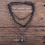 Multiple Black Glass Rosary  Link & Chain Cross Pendant Necklaces