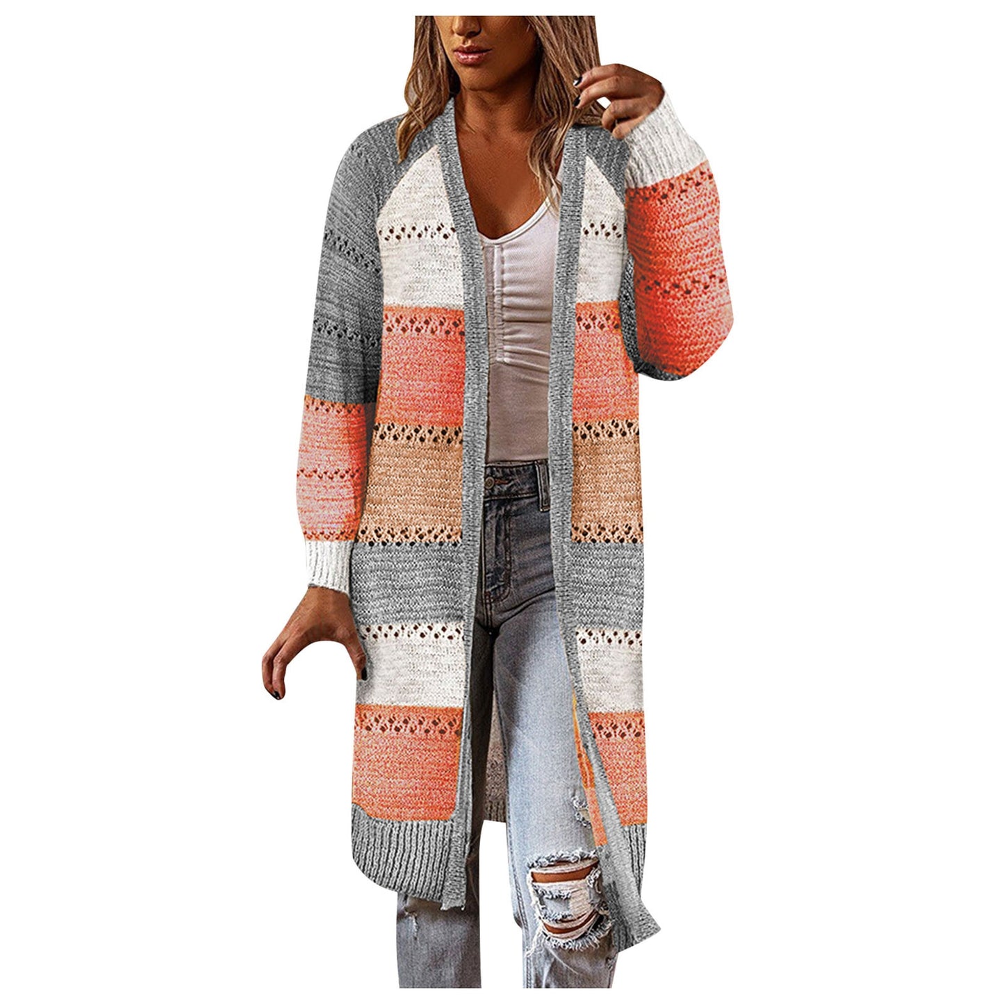 Women's Autumn and Winter Mid Length Striped Pocket Cardigan Stylish Knit