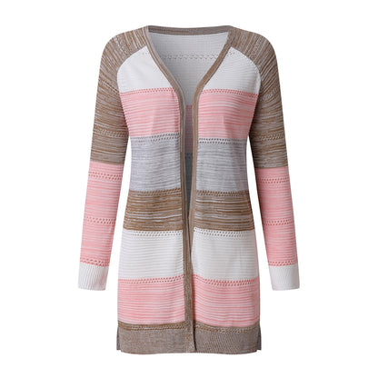 Women's Autumn and Winter Mid Length Striped Pocket Cardigan Stylish Knit