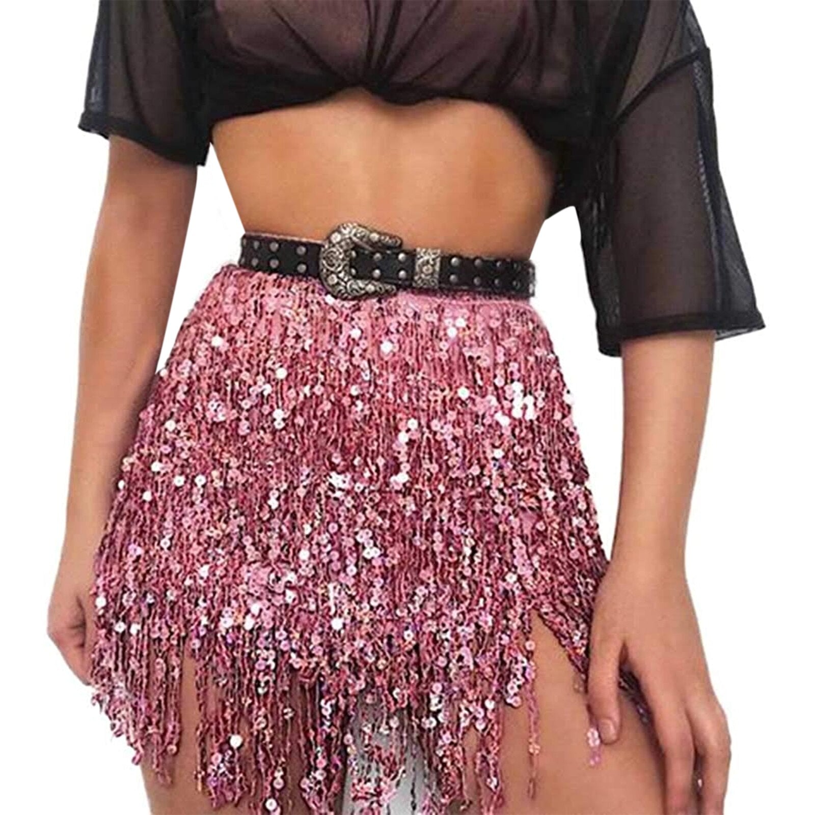 Women's Colored Tassel Sequin Skirt Sarong Fringe Skirt Wrap Tie Up Glitter Dance Skirt