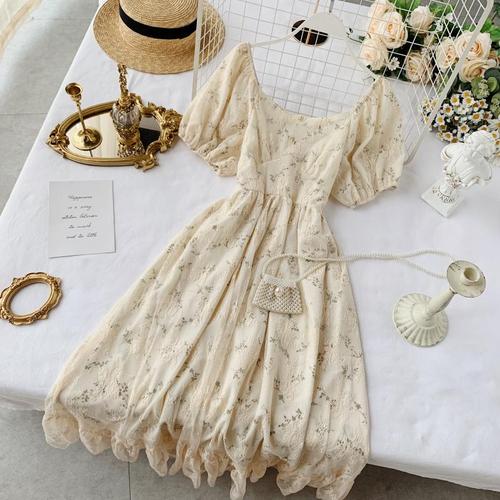 Floral Puff Sleeve Tea Dress Women Vintage Bodycon Lace Mesh Ruffle Ca