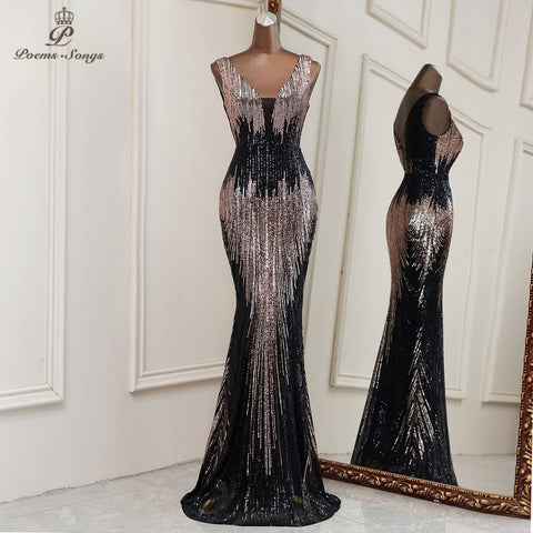 Deep V-Neck Sequin Mermaid Dress Women Elegant Evening Gown Wedding Guest Prom Party Fashion