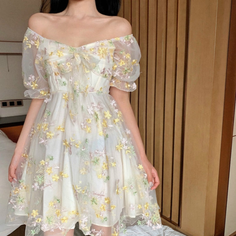 French Fairy Dress Sexy Puff Sleeve Lace Chiffon Dress Daisy Sage Dress