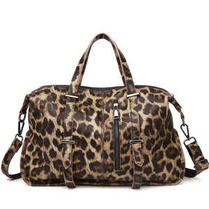 Women Large Capacity Top-handle Bag Leopard Pattern Genuine Leather Handbag