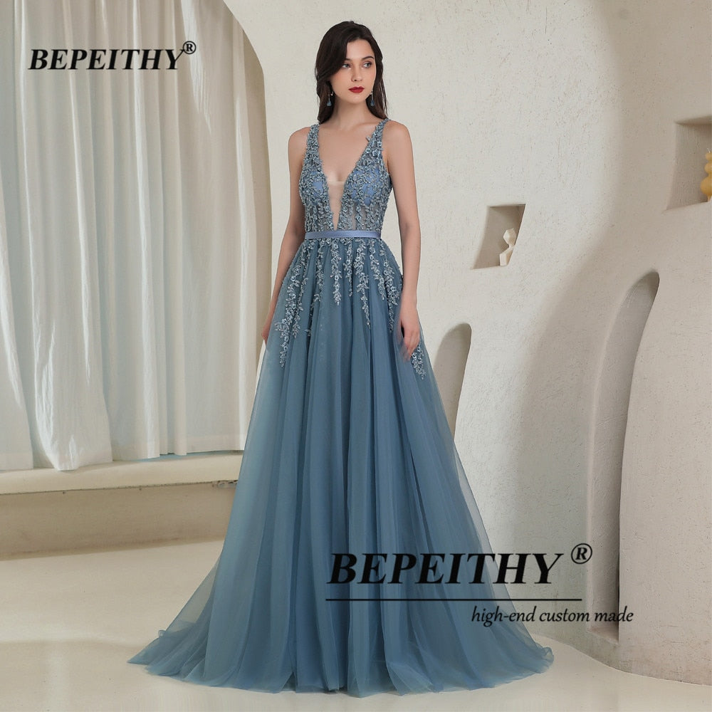 Elegant V Neck Gray Blue Prom Evening Dress Backless Sleeveless Long Gown