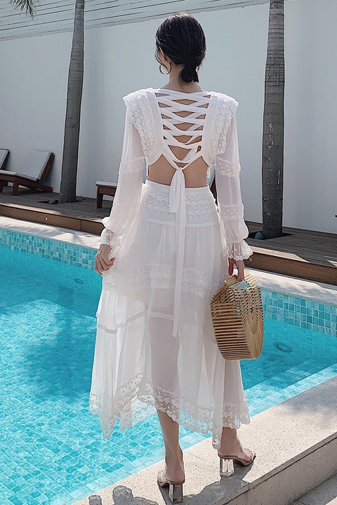 Long Sleeve Chiffon Maxi Dress Women Hollow Out Bandaged Back Beach Casual Summer Fashion