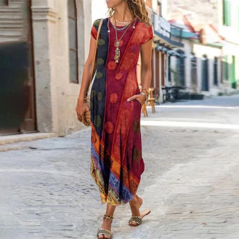 Women's Plus Size (S-3XL) Floral Print Short Sleeve Summer Dress Round Neck w/ Pockets Long Boho Dress