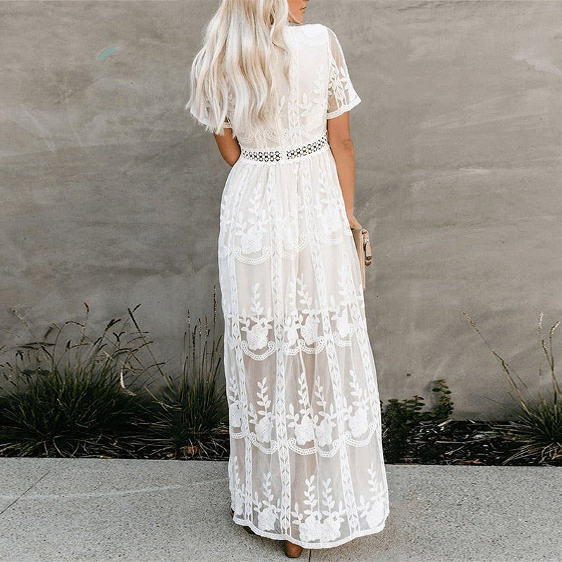 Loose Embroidery White Lace Long Tunic Beach Dress Maxi