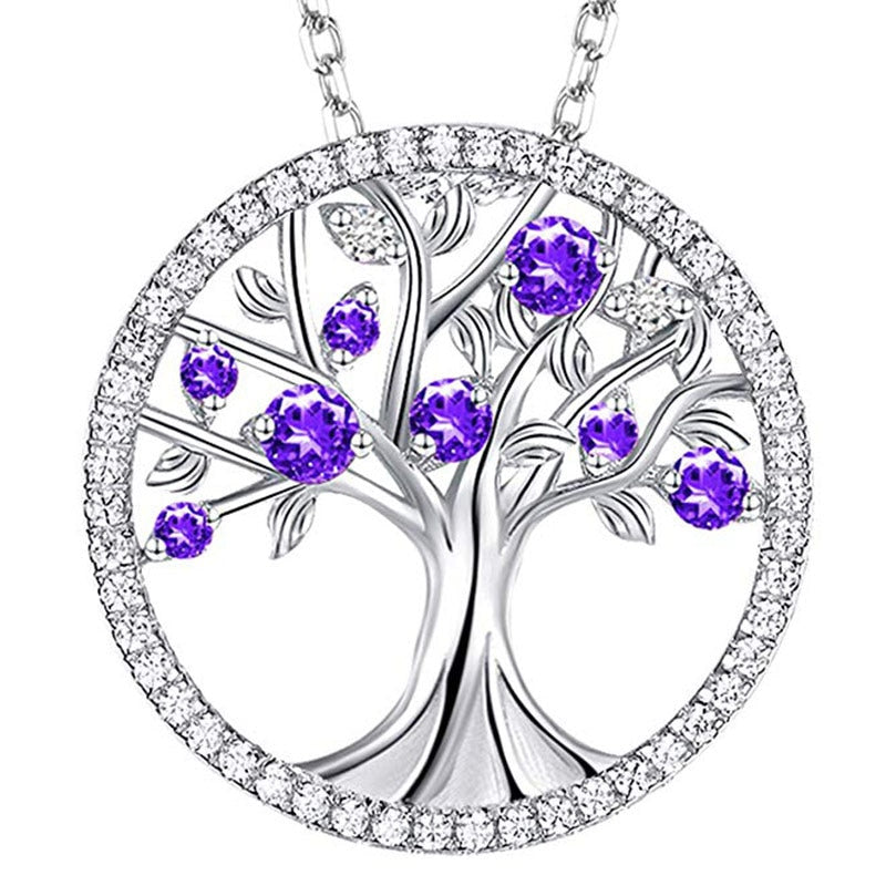 Tree of Life Necklace for Women Purple and Green Cubic Zirconia Pendants