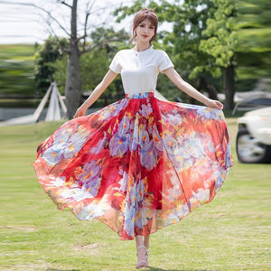 Women's Floral Chiffon Long Skirts Summer A-Line Elegant Fairy Skirts Ankle-Length