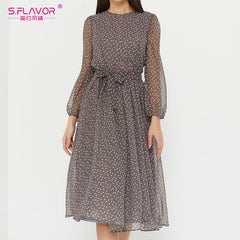 Elegant Polka Dot Print Long Sleeve Chiffon Midi Dress