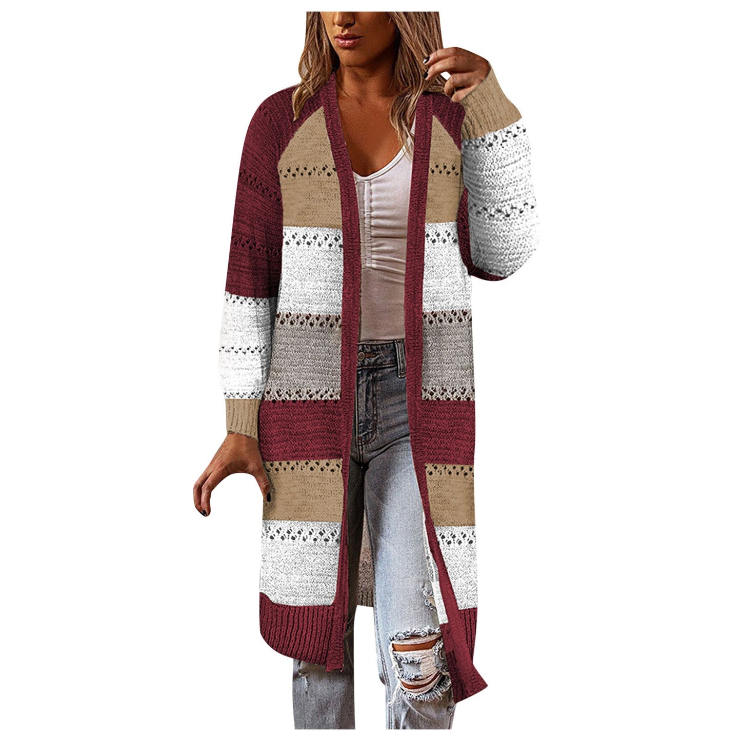 Women's Autumn and Winter Mid Length Striped Pocket Cardigan Stylish Knit